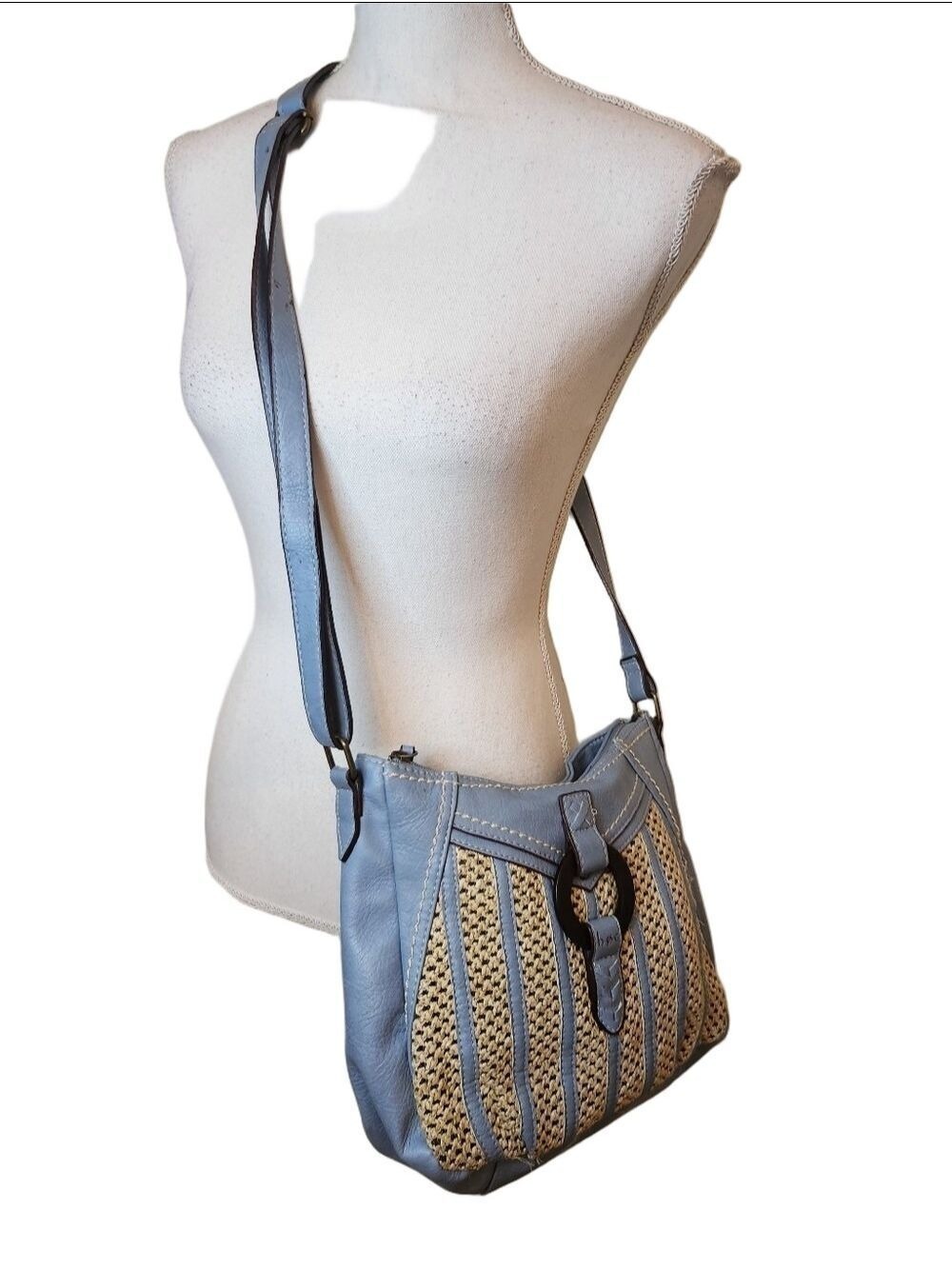 b.ø.c. Born Concept Cornflower Blue Faux Leather & Woven Straw Crossbody Bag - Picture 8 of 16